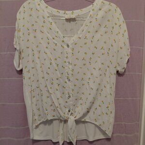 Flowy Floral Top with Tie and Abalone Buttons